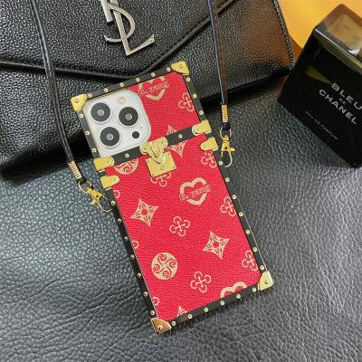 China 2022 Shockproof Designer Luxury Brand Phone Cases With Logo Girl Square Fur Mobile Cover Case Leather With Strap Cases For Iphone for sale