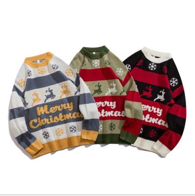 China Anti-wrinkle Winter 2021 Autumn Fawn Christmas Knitted Sweater Men Sweater Loose Striped Couples Wear for sale