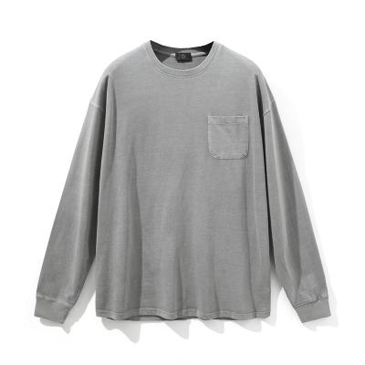 China High Quality Custom Made Oversized T Shirt Men's Fall And Winter Distressed Pocket Anti-Wrinkle Lower Neck Shirt Plain Round Long Sleeve for sale