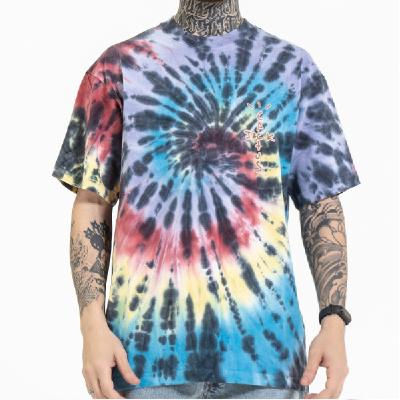 China High Quality Custom Made 100% Anti-Wrinkle Summer Cotton Shorts Sleeve Around Neck Tie Casual Dye Printed Mens T-shirts for sale