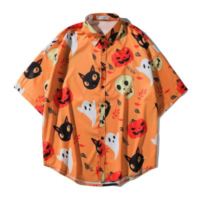 China Holiday Hawaiian style anti-pilling short-sleeved shirt digital printing men's Halloween pumpkin bat casual loose shirt for sale