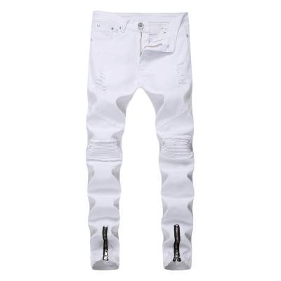 China New custom logo wholesale waterproof mens slim fit jeans ankle zipper stretch white ripped jeans for sale