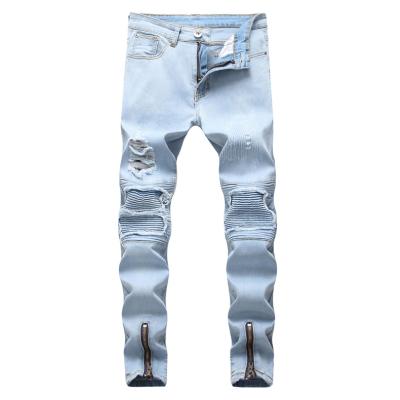 China New Breathable Wholesale Custom Logo Men Slim Fit Ripped Jeans Ankle Zipper Stretch Blue Washed Jeans for sale