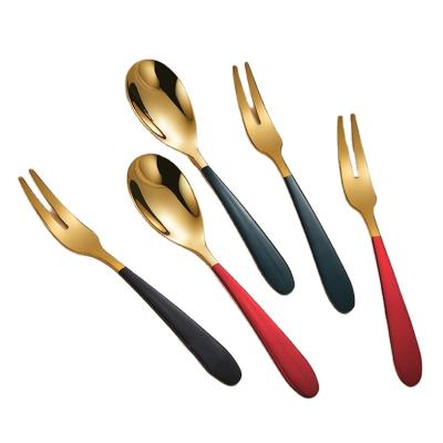 China Viable 304 Stainless Steel Dinner Server Fruit Fork Spoon Set Tea Coffee Dessert Gold Flatware Spoon and Fork Cutlery Set for sale