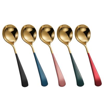 China Viable Korean Style Stainless Steel Spoon Tableware Dessert Scoop Ice Cream Scoop Tea Spoon With Metal Handle for sale