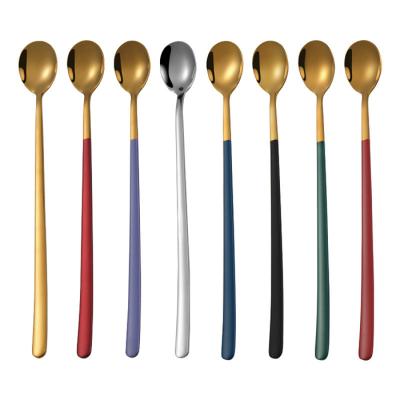 China Sustainable Cutlery Dessert Spoon Set 304 Colored Long Handle Ice Cream Teaspoon Spoons for sale