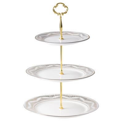 China Popular Factory Price Viable Three Layer Ceramic Cake Plate With Gold Rim Metal Handle plting Holder for sale