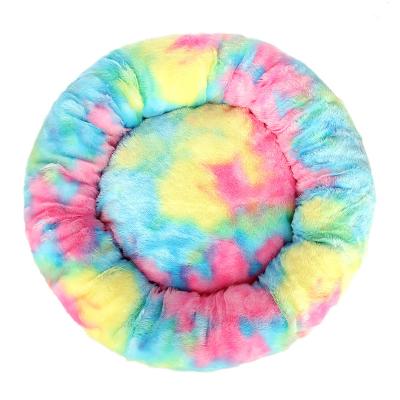 China Amazon Selling Faux Fur Breathable Warm Donut Around Colorful Gradient Pet Bed Soft Washable Soft Plush And Cat Bed Warm Dog Bed for sale