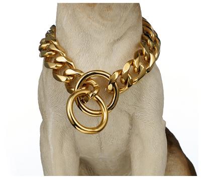 China Heavy Duty Padded Stainless Steel Link Dog Leash Gold Multi-Size Cuban Dog Collar for sale