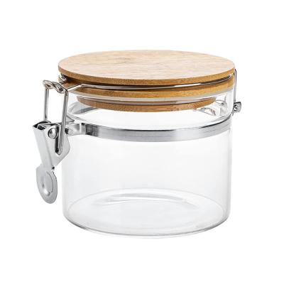 China Microwavable Airtight Glass Jar with Bamboo Hinged Lid 16 oz Clear Glass Jar Set Food Storage Jar for sale