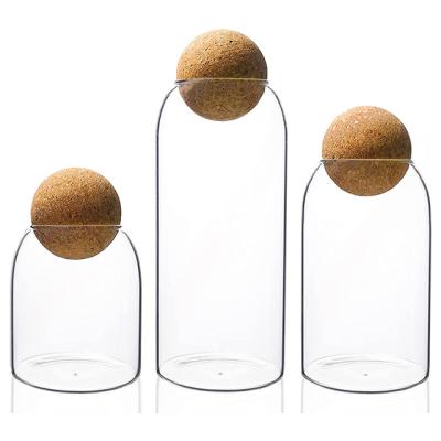 China Modern clear glass stocked storage jar, sealed transparent jar with wooden ball cork lid for sale