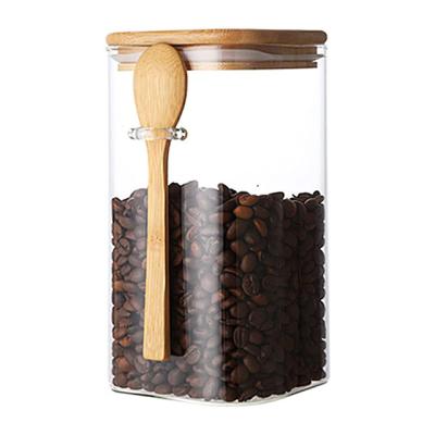 China Stored square glass sealed 1000ml storage jar with wooden spoon and wooden lid for sale