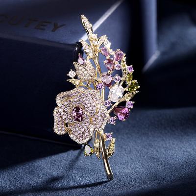 China YST cute heavy industry micro-inlaid color zirconium brooch temperament flower zircon brooch dinner dress accessories rose flower bro for sale