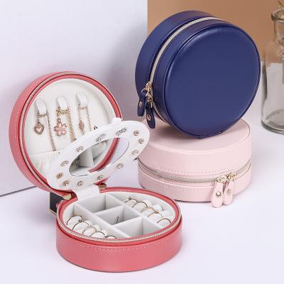 China Hot Modern Luxury Custom Made Leather Portable Round Jewelry Case Small Amazon Travel Jewelry Organizer Storage Box Jewelry Box for sale