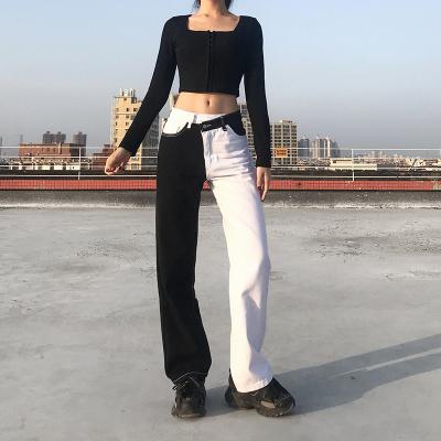 China Black And White Contrast Anti-wrinkle Women Winter Pants Irregular Straight-Leg High Stitched Jeans for sale