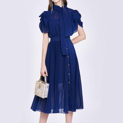 China New Style Anti-Static Pleated Stand-Collar Ladies Long Chiffon Dress Summer Style for sale