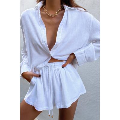 China Breathable Hot Summer Plus Size Cotton Canvas Shirt With Short Pants Women Beach Wear Two Piece Set for sale