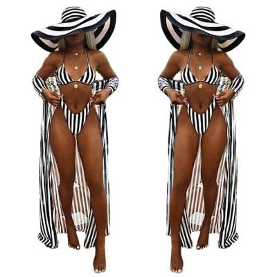 China 2021 Summer Women Stripes Breathable Stripe 3 Piece Bikini Set Swimwear With Cover Up for sale