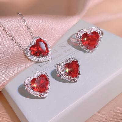 China Fashionable Imitation Women's 4PCS Shiny Rhinestone Gem Necklace Earrings Ring Jewelry Ruby Wedding Party High Quality Set for sale