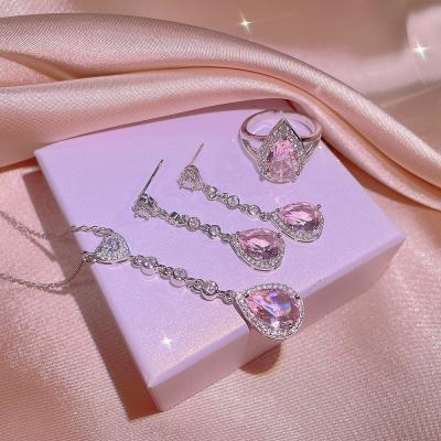 China FASHIONABLE 4PCS Women Water Drop Wedding Party Shiny Rhinestone High Quality Gem Necklace Earrings Ring Jewelry Set for sale