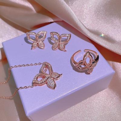 China Fashionable High Quality Butterfly Women's 4PCS Rhinestone Necklace Earrings Ring Jewelry Sets Wedding Party for sale