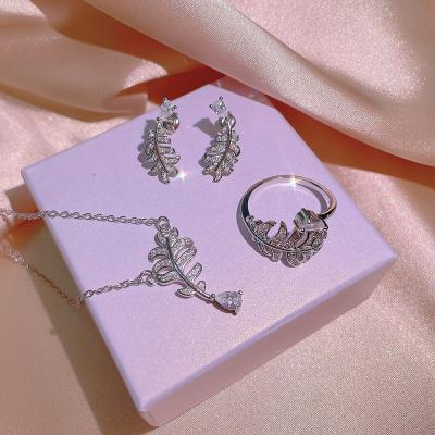 China Fashionable Wedding Party Clavicle CZ Feather 4PCS Zirconia Gem Necklace Earrings Ring Jewelry Sets for sale