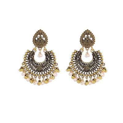 China Ethnic Plated Costume Earrings Indian Jewelry For Women Metal Beaded Stud Earrings Vintage Ethnic Pearl Dangle Earrings for sale