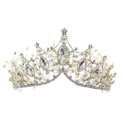 China Fashion CLASSIC Luxury Wholesale Women Gold Wedding Zircon Necklace Three Piece Tiara Crown Bridal Earring for sale