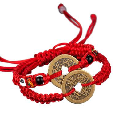 China Romantic Pure Manual Hand String Braided Red Rope Lovers Hand Ornaments Antique Copper Silver Five Emperors Couples Bracelet for sale