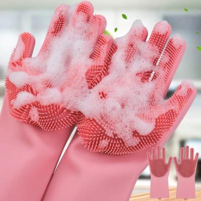 China Wholesale Embroidered Non Slip Silicone Rubber Dishwashing / Cleaning Gloves With Scrubber Brush for sale