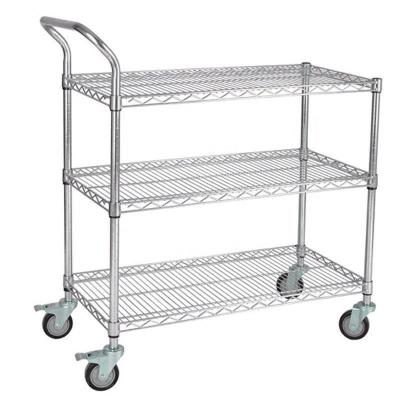 China Adjustable Commercial Kitchen Utility Cart Heavy Duty Metal Wire Shelving Rolling Cart 3 Tier for sale