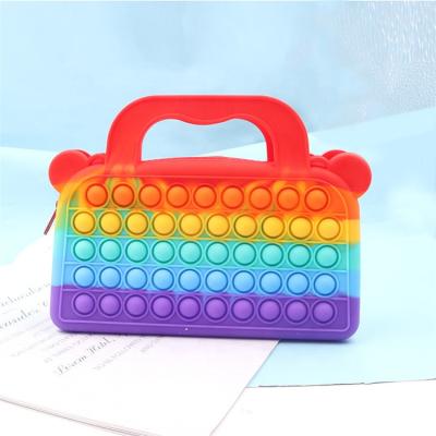 China Big Reusable Dimple Women Sensory Fidget Tote Simple Reliever Strain Bags Silicone Rainbow Push Bubble Handbags for sale