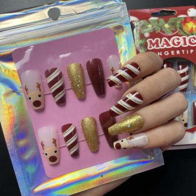 China 24pcs/Box Easy With Glue Christmas Style French Acrylic Nail Tips Press On Nails Full Cover Manicure Beauty Christmas Press On Nails for sale