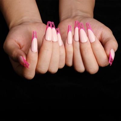 China Wearable Pink 24pcs/Set Easy Border Lines Designs Fake Nails Long Paragraph Fashion DIY Nail Art Decoration Save Time Press On Nails for sale