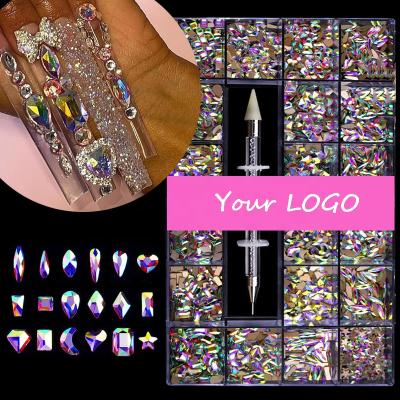 China Fashionable Shiny Crystal White Glass Rhinestone Art Decoration Rhinestones Flat Bottom Box Nail Art Mix Shape Fancy In AB Rainbow Nail for sale