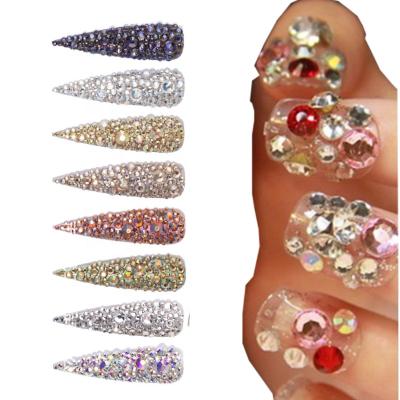 China Multicolor Rose Gold Flat Tan Shiny Glass Nail Art Rhinestone Gemstone AB Charms Mixed Size Back Point Fake Stone for sale