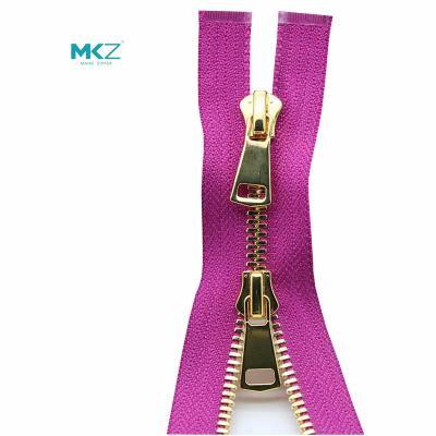 China MKZ gold metal durable zipper pull with thickened two-way teeth and open double tail for sale