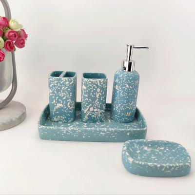 China Sustainable Terrazzo Crafts Resin Stone Hotel Matte Blue Polyresin Bathroom Accessories Set Products Home Decor for sale