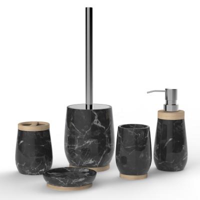 China Sustainable Black Marble Water Transfer With Wooden Lip Polyresin Bathroom Accessories for sale