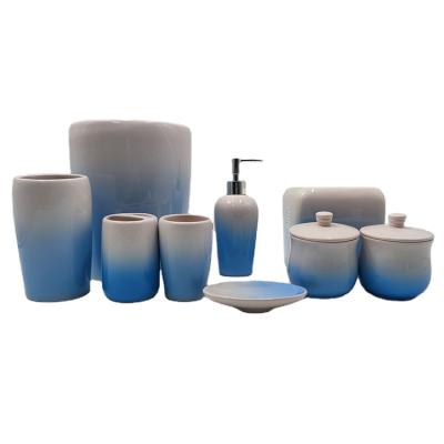 China 9 Sustainable Sets Of High End Ceramic Bathroom Accessories With Blue Bottom And White Mouth for sale