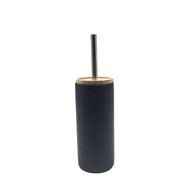 China Eco - Friendly Black Resin Toilet Brush Holder With Wooden Resin Bathroom Accessories Set for sale