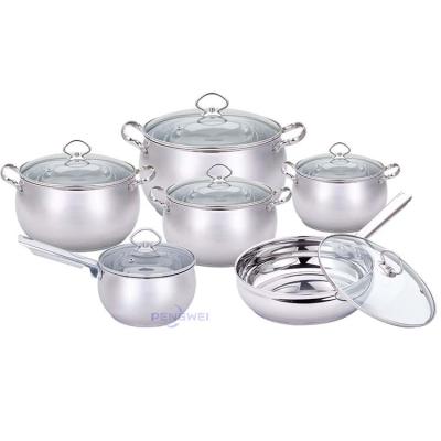 China Sustainable 12pcs Home Kitchen Induction Cooking Pot and Pot Set Non Stick Frying Pan Pan Stainless Steel Cookware Set with Glass Lid for sale