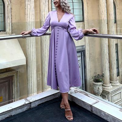 China New French Fabric V-Neck Spring Waist Mid Waist Casual Dress Plus Long Style For Women for sale