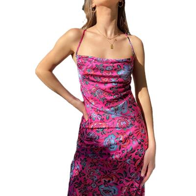 China Anti-Wrinkle Charming Women's Printed Rose Pink Casual Short Floral Dress Halter Dress for sale