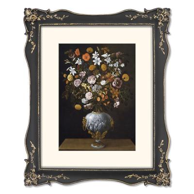 China Antique Resin Poster Frame Vintage Baroque Black Gold Picture Frame With Embossed Flower Design With White Mat, Wall &Tabletop Decor for sale