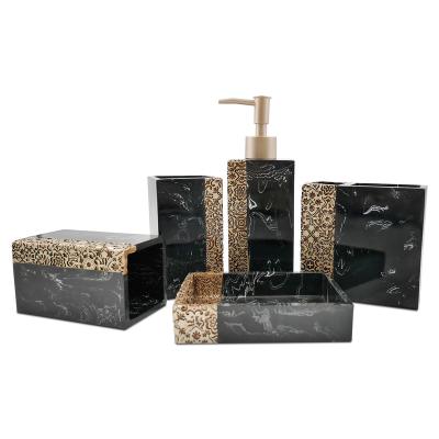 China Viable New Design Modern Bathroom Decoration 5 Pieces Gold Black Marble Bathroom Set Bathroom Accessories Set for sale