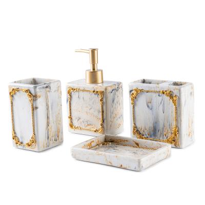 China Factory direct viable modern luxury home decor 4 PCS white marble gold resin bathroom accessories set for sale