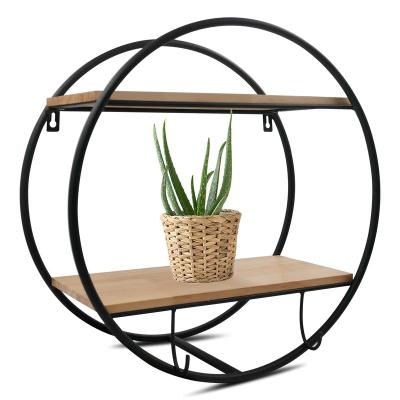 China Industrial Hot Sale 2 Tier Round Shaped Metal Home Shelf Storage Wall Wood Shelves With Hanging Hooks for sale