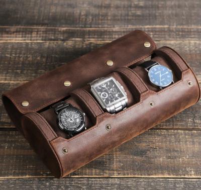 China Custom Vintage Watch Case Logo Gift Box Brown Wristwatch Travel Packaging Leather Case Leather 1 2 3 Watch Roll for sale