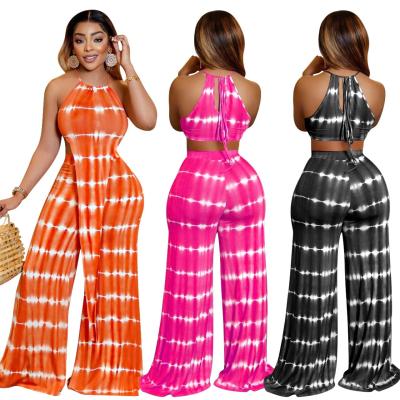 China 2022 New Breathable Casual Women Clothing Tie Dye Stripes Printed Top Full Length Pants Set Logo Custom Women Wide Leg Pants Set For Woman for sale